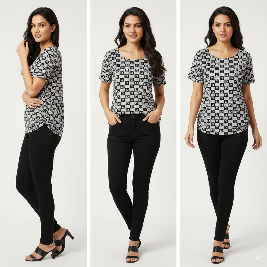 Black and white geometric D-pattern short sleeve top
