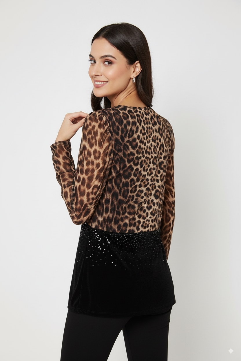 Leopard Print and Velvet Embellished Top