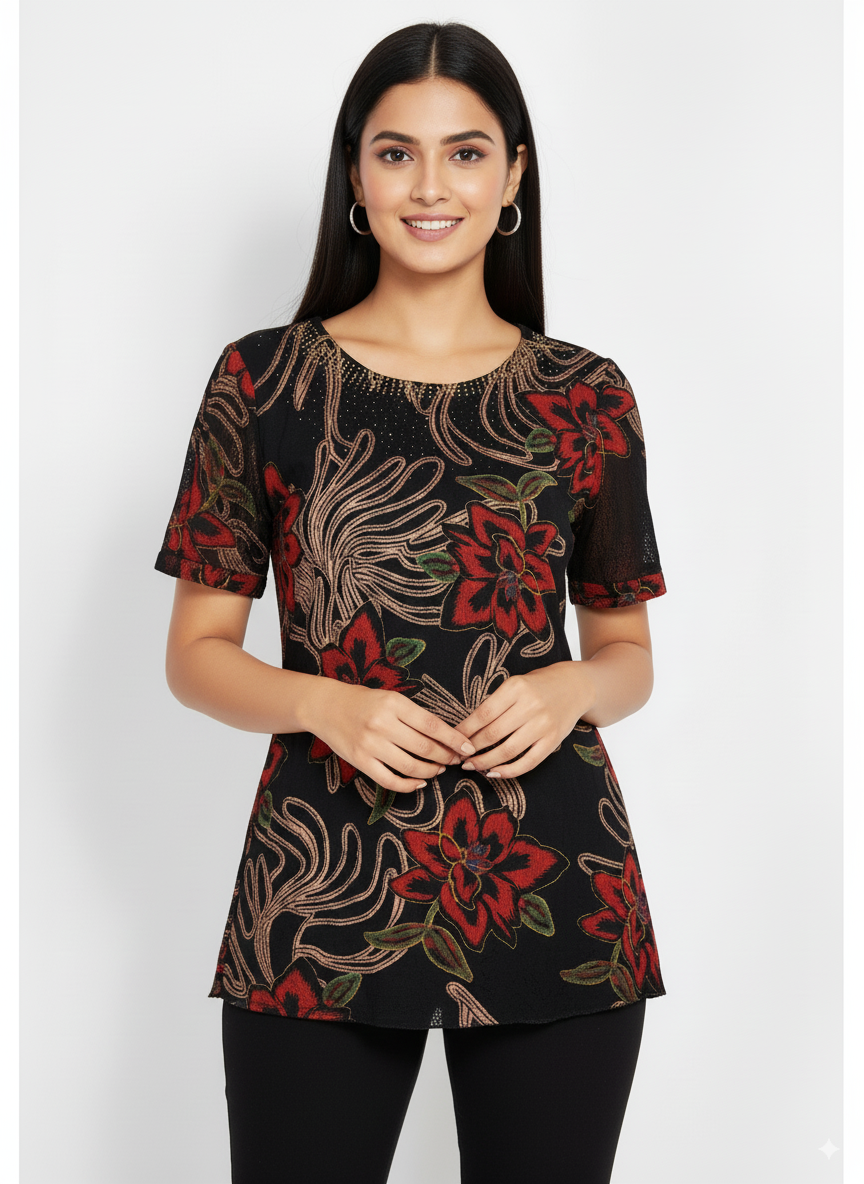 Bohemian Tunic with Red Flowers Top